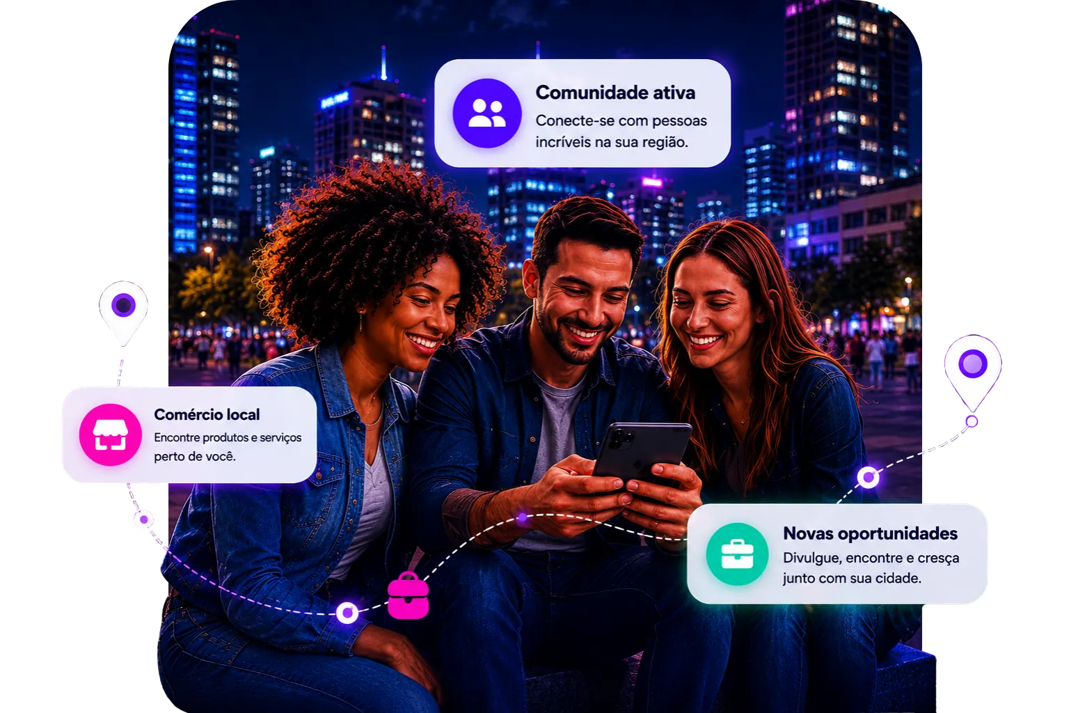 Pessoas usando o MyLinker na cidade no modo escuro